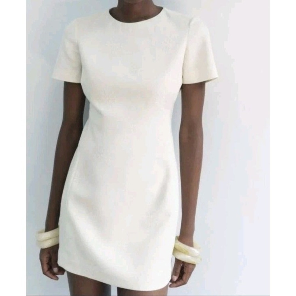 Zara ZW Collection Embroidered Mini Dress Linen Blend Ecru Size M NWT